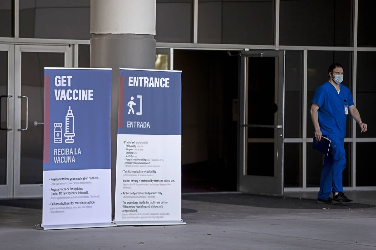 The entrance to the COVID-19 vaccination site at the Las Vegas Convention Center in Las Vegas, ...