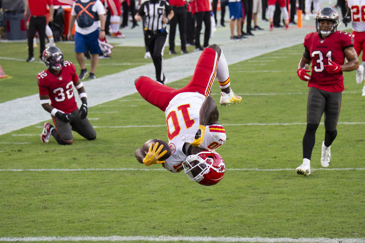 In this Nov. 29, 2020 file photo, Kansas City Chiefs wide receiver Tyreek Hill (10) does a back ...