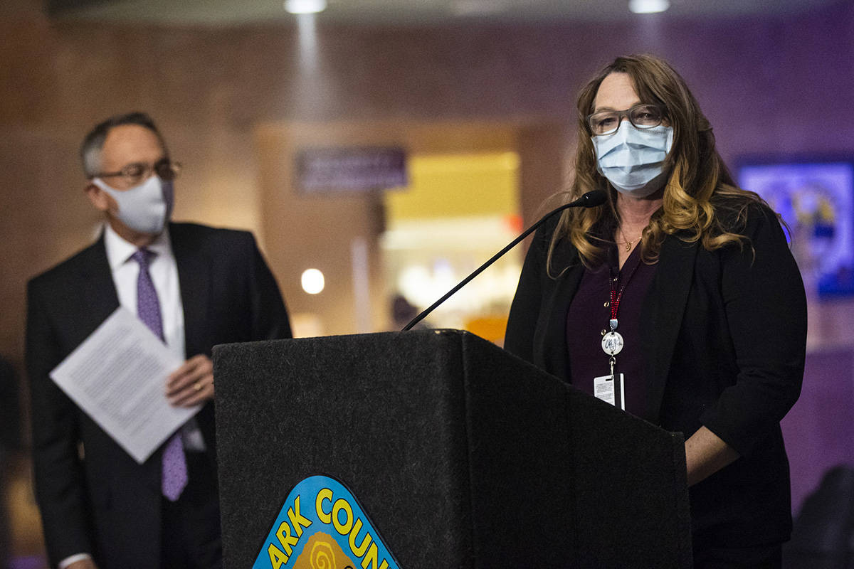 Clark County Commission Chairwoman Marilyn Kirkpatrick speaks before an illumination of 29 ligh ...