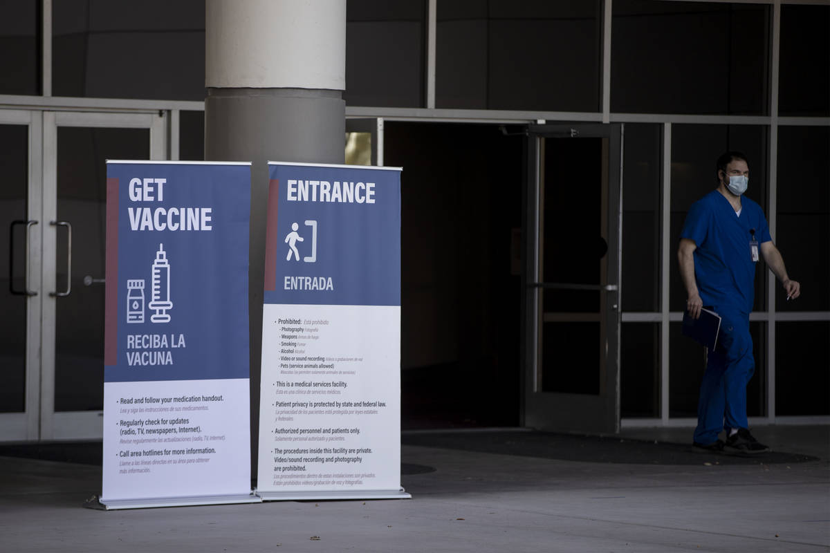 The entrance to the COVID-19 vaccination site at the Las Vegas Convention Center in Las Vegas, ...