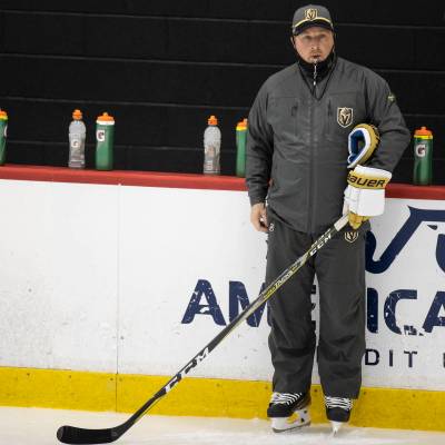 Vegas Golden Knights assistant coach Steve Spott during a team practice at City National Arena ...