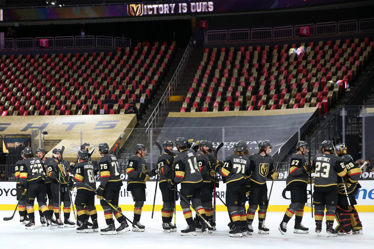 Vegas Golden Knights goaltender Marc-Andre Fleury (29) celebrate their win against the Los Ange ...