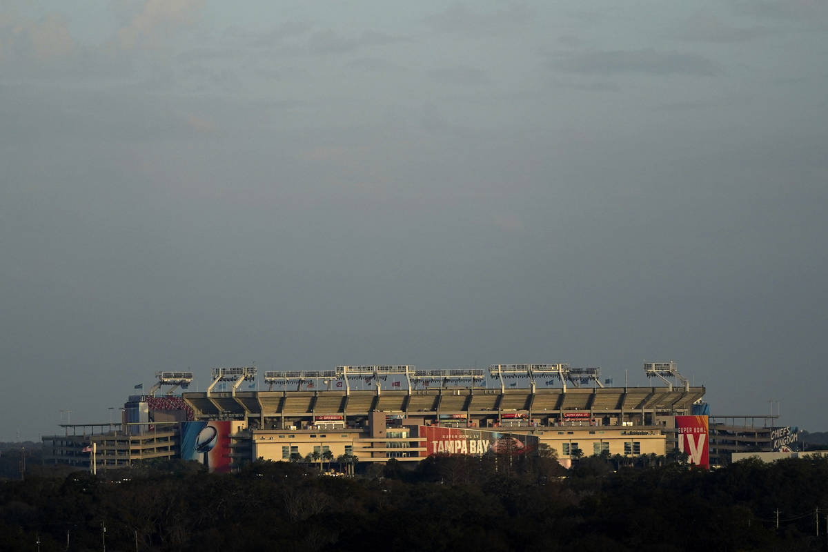 Raymond James Stadium rises in the distance ahead of Super Bowl 55 Saturday, Feb. 6, 2021, in T ...