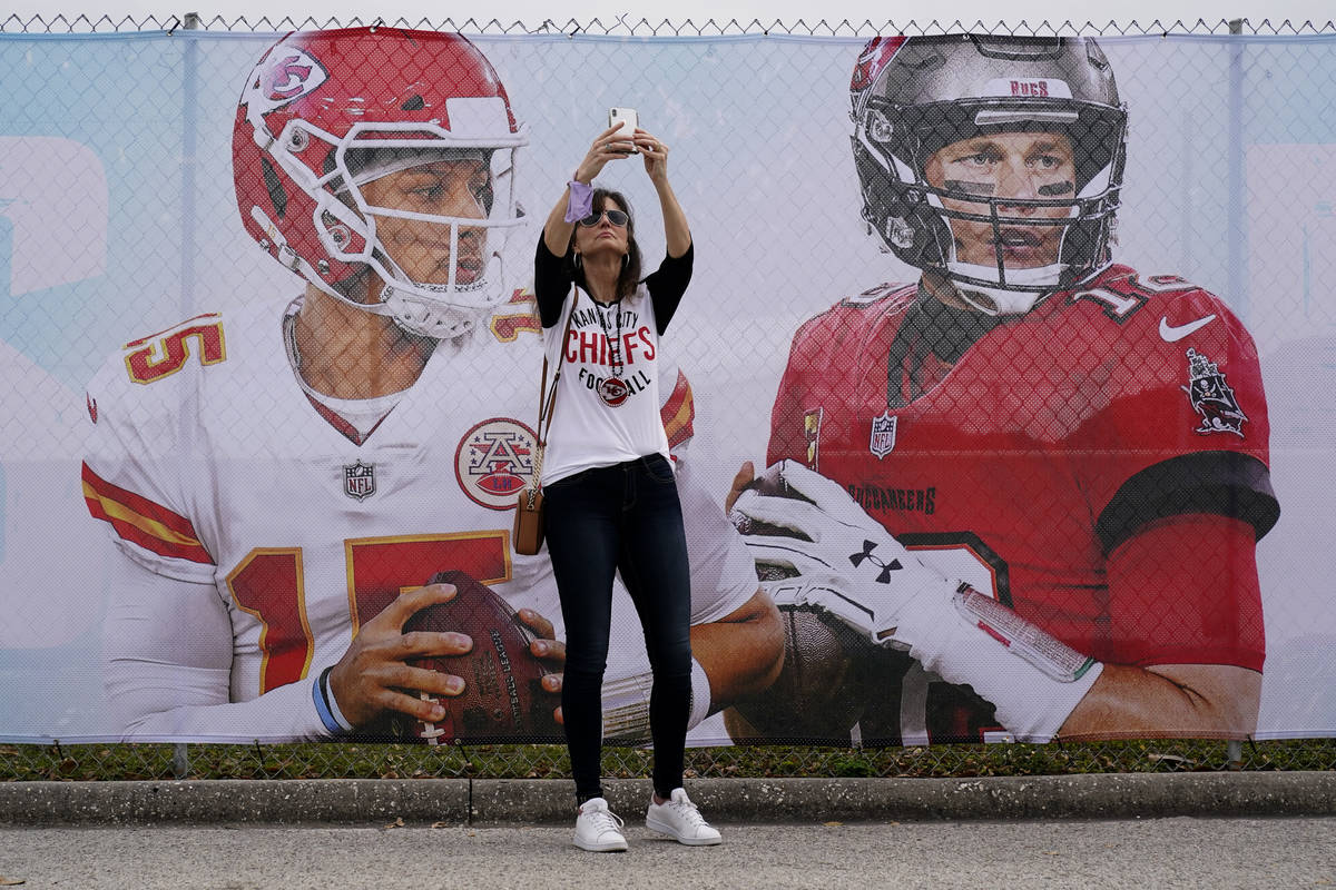 Kansas City Chiefs fan Tracey Brasabr takes a selfie in front of Raymond James Stadium ahead of ...
