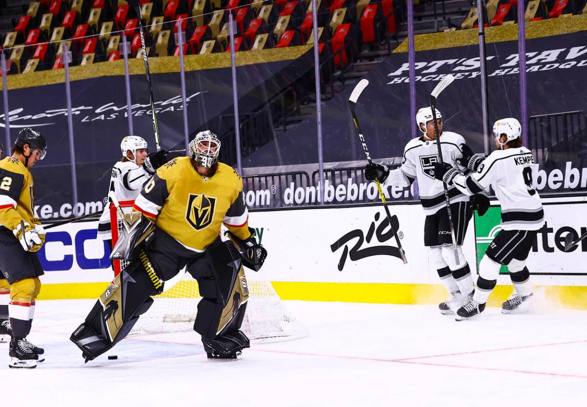 The Los Angeles Kings celebrate after a goal against Golden Knights goaltender Robin Lehner (90 ...