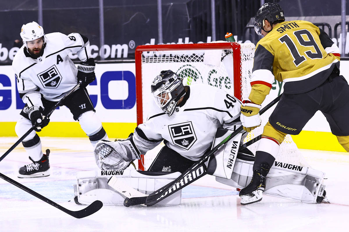 Los Angeles Kings goaltender Calvin Petersen (40) blocks a shot by Golden Knights right wing Re ...