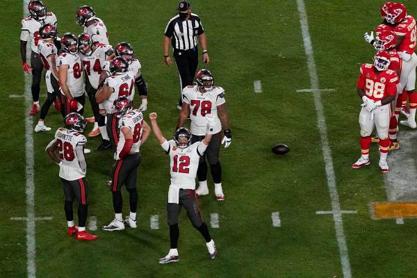 Tampa Bay Buccaneers quarterback Tom Brady (12) celebrates during the second half of the NFL Su ...