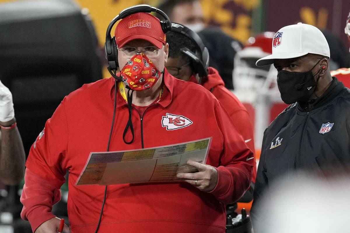 Kansas City Chiefs head coach Andy Reid watches from the sideline during the first half of the ...