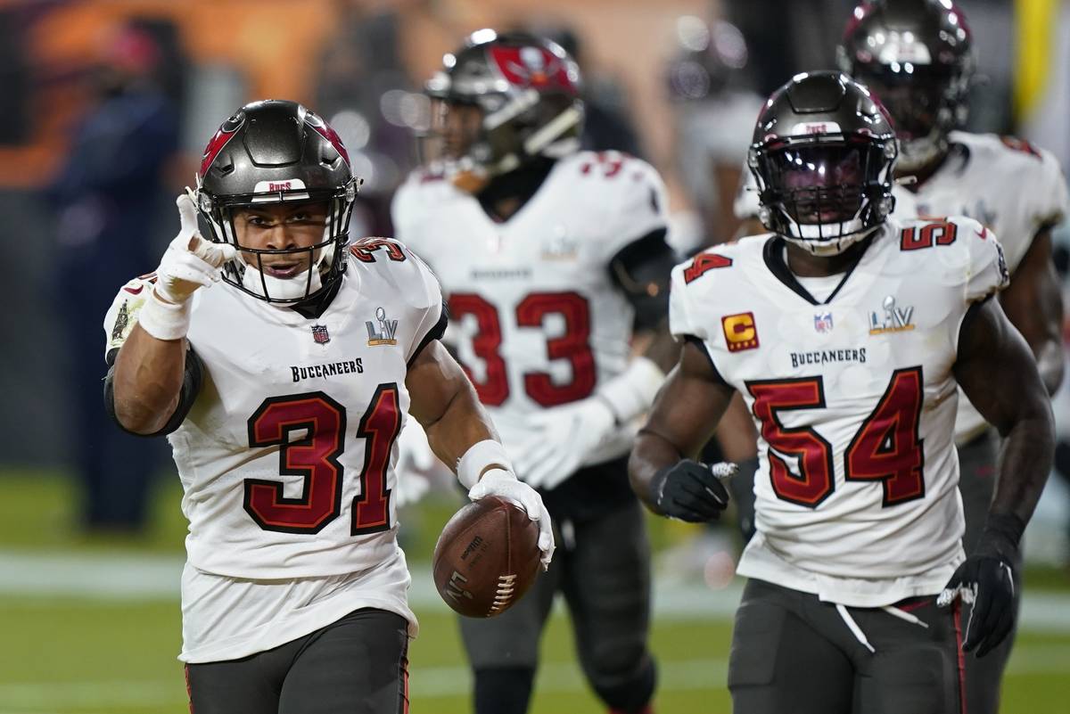 Tampa Bay Buccaneers strong safety Antoine Winfield Jr. celebrates after making an interception ...