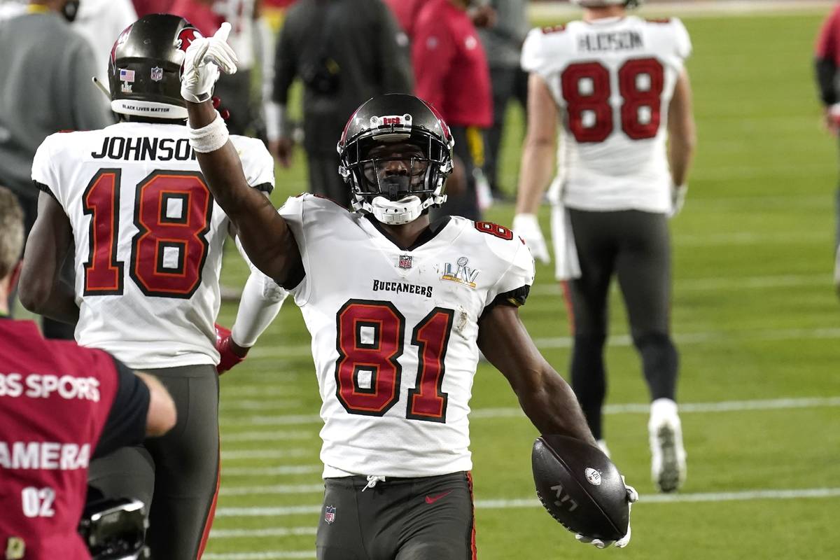 Tampa Bay Buccaneers' Rob Gronkowski (87) reacts after scoring a touchdown during the first hal ...