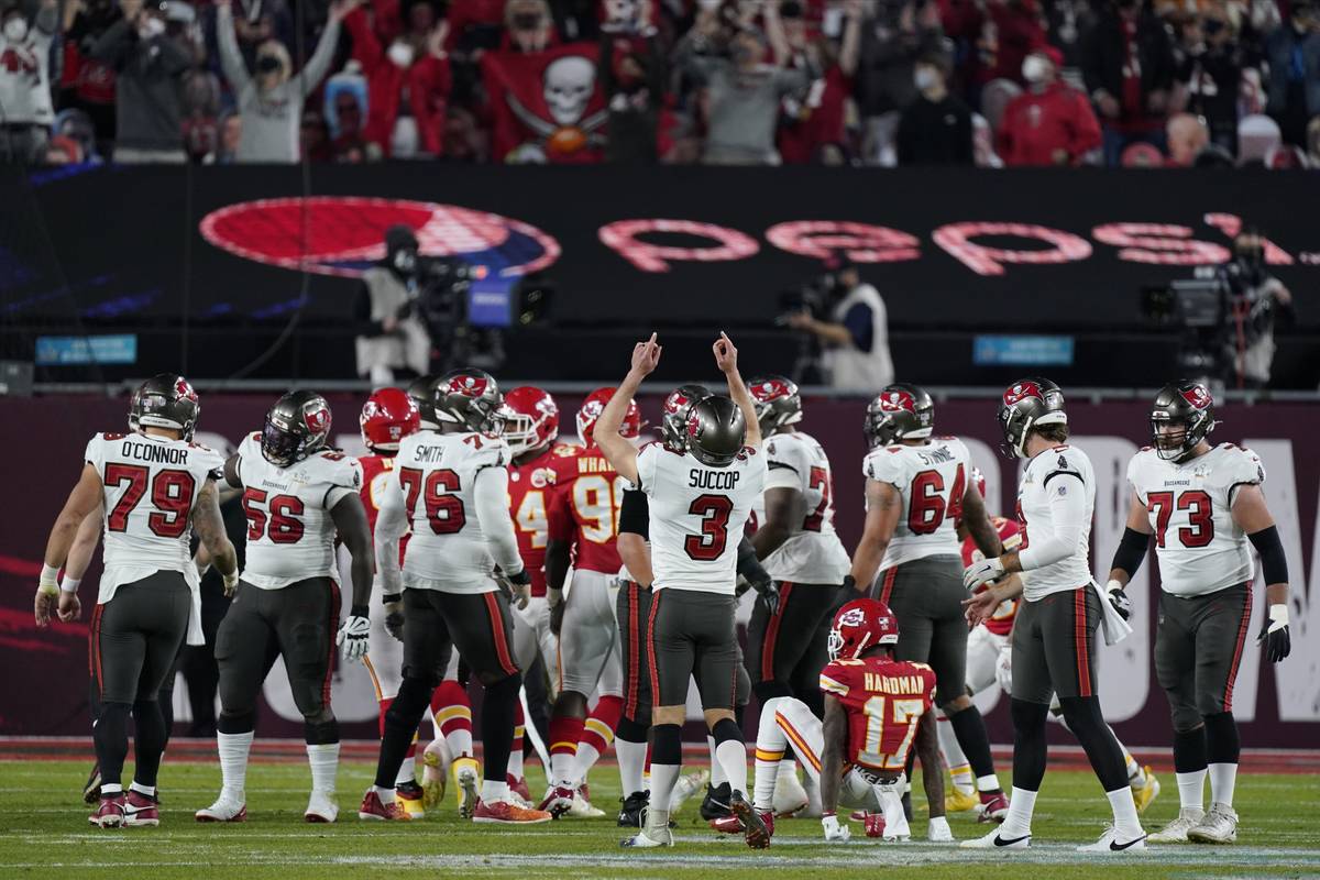 Tampa Bay Buccaneers kicker Ryan Succop (3) celebrates his point after against the Kansas City ...