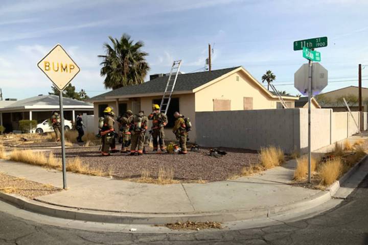 Crews battle a fire Monday, Feb. 8, 2021, at 1913 S. 11th St. in Las Vegas. (Las Vegas Fire Dep ...