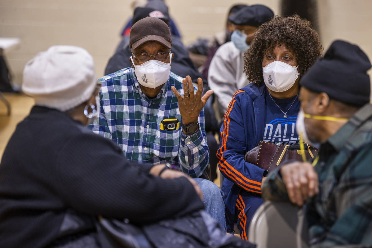 Wilbur and Nanette Hines, center, chat with Norma Smith, left, and husband Alvin smith, right, ...