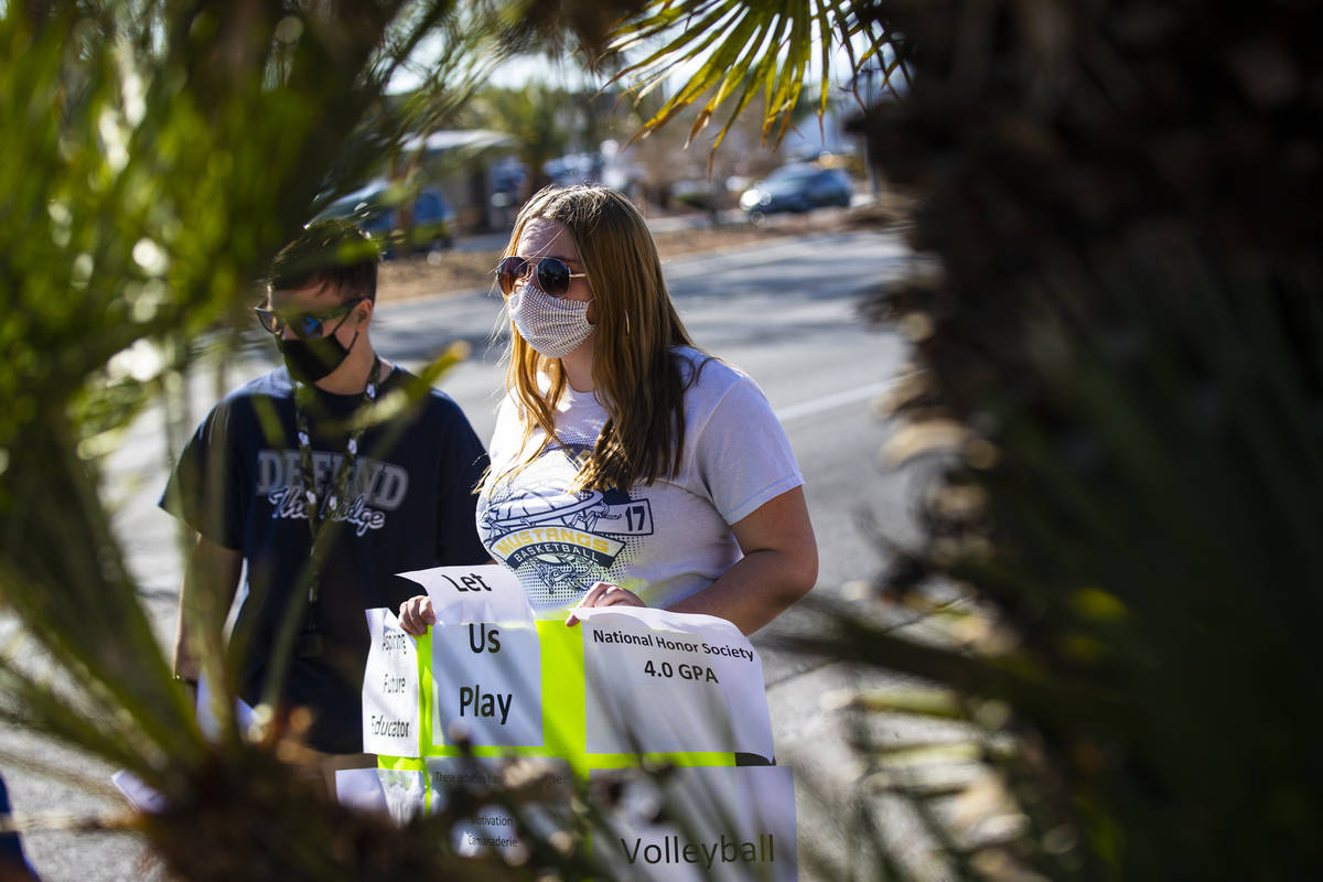 Shadow Ridge High School student athlete Holly Soncini participates in a rally to urge school d ...