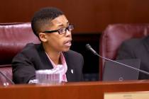 Sen. Dallas Harris, D-Las Vegas, asks a question during a Judiciary Committee meeting in the Le ...