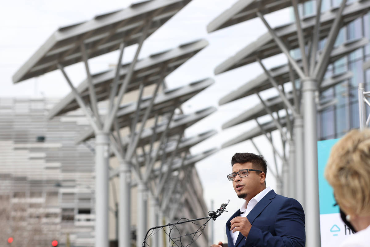 Elias Benjelloun, head of Homie Helps Las Vegas, speaks during a press conference to announce t ...