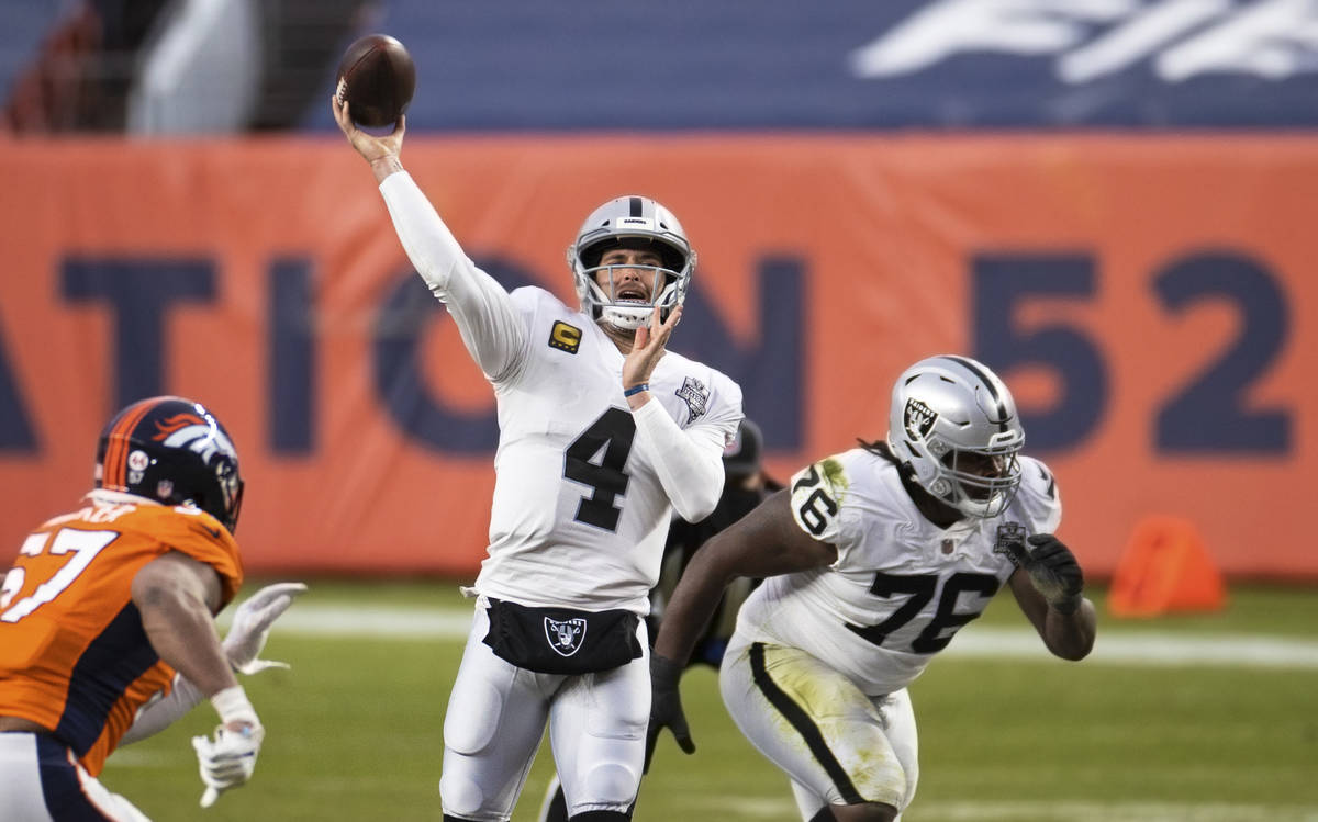 Raiders quarterback Derek Carr (4) gets a pass away with pressure from Denver Broncos defensive ...