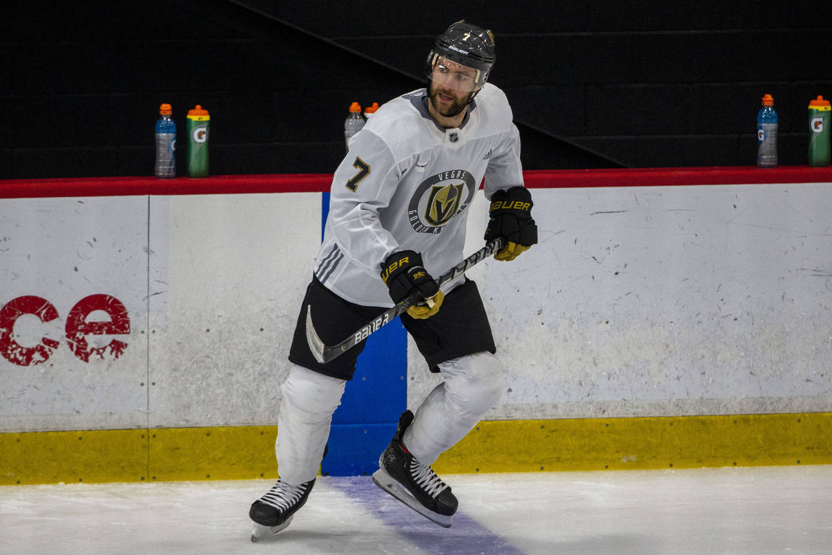 Golden Knights defenseman Alex Pietrangelo (7) skates during training camp on Wednesday, Jan. 6 ...