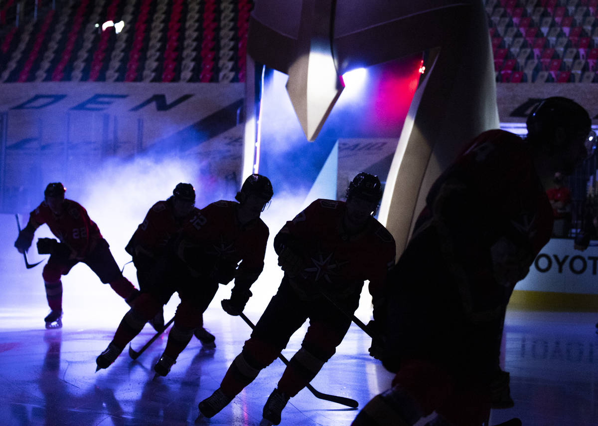 in the first period during an NHL hockey game on Tuesday, Feb. 9, 2021, at T-Mobile Arena, in L ...