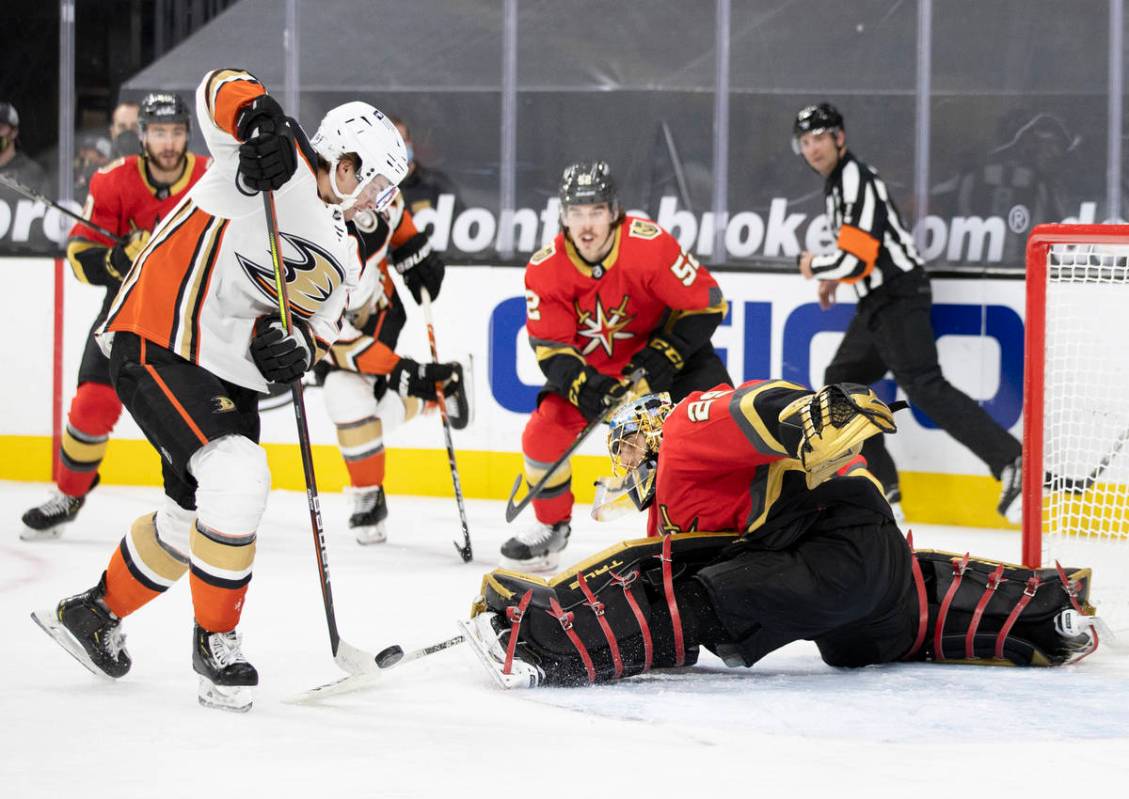 Vegas Golden Knights goaltender Marc-Andre Fleury (29) makes a save against Anaheim Ducks cente ...