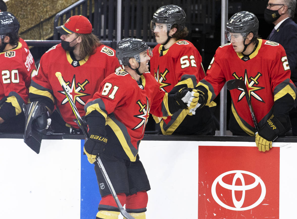 Vegas Golden Knights center Jonathan Marchessault (81) celebrates after scoring a goal in the f ...