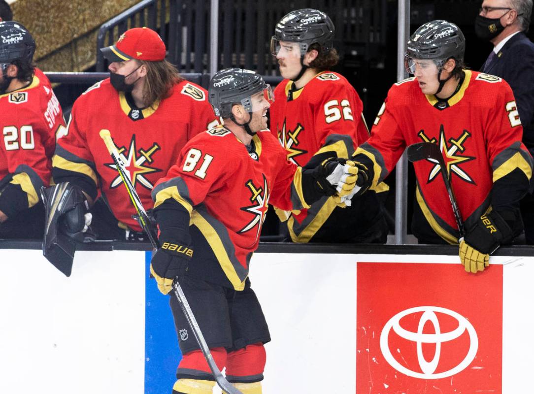 Vegas Golden Knights center Jonathan Marchessault (81) celebrates after scoring a goal in the f ...