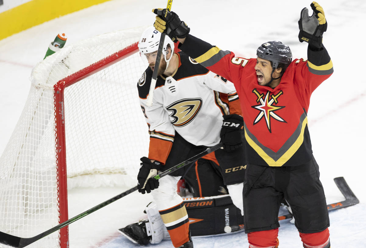 Vegas Golden Knights right wing Ryan Reaves (75) celebrates in front of Anaheim Ducks defensema ...