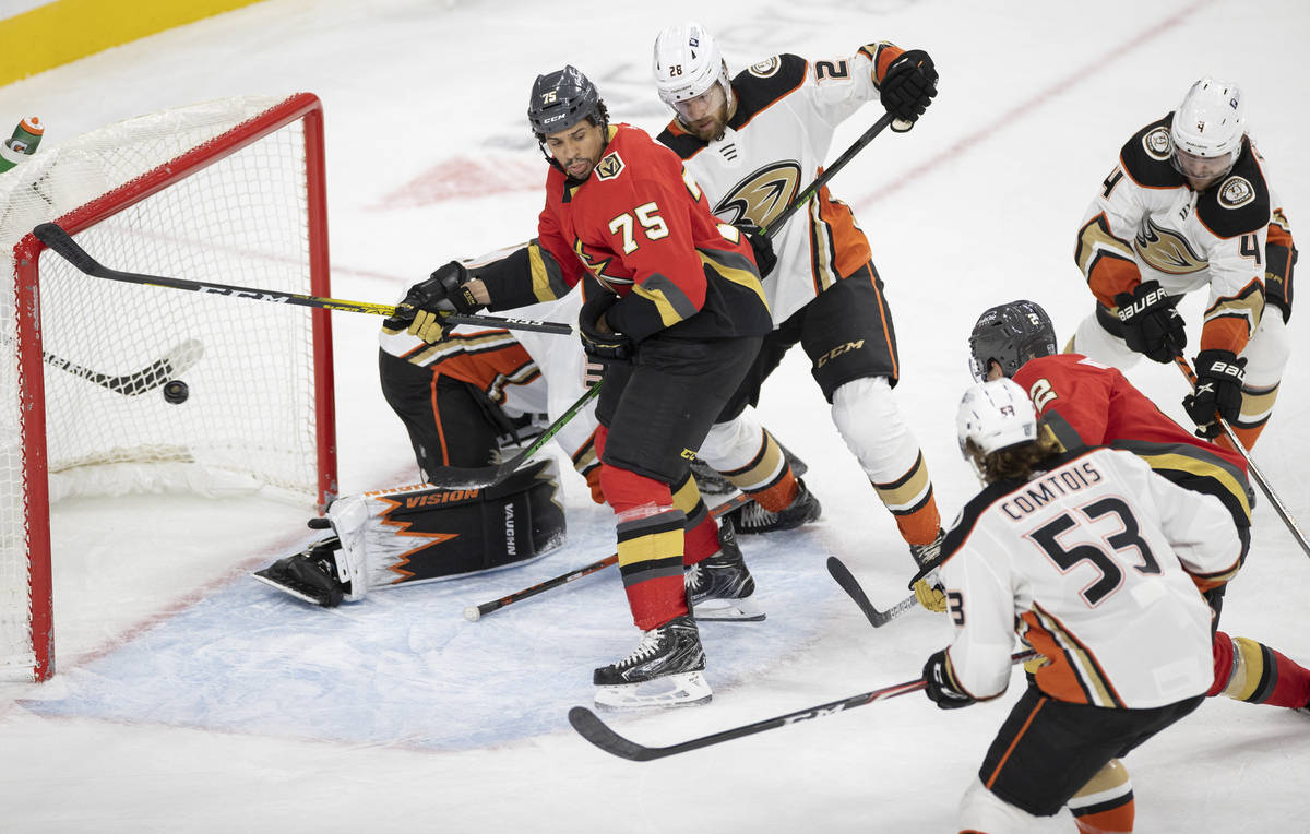 Vegas Golden Knights defenseman Zach Whitecloud (2) scores the game winning goal as Vegas Golde ...