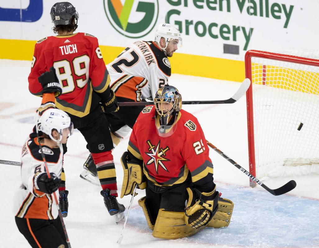 Anaheim Ducks center Troy Terry (61) scores a goal against Vegas Golden Knights goaltender Marc ...