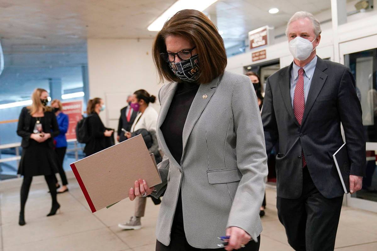 Sen. Catherine Cortez Masto, D-Nev., arrives for the second impeachment trial of former Preside ...