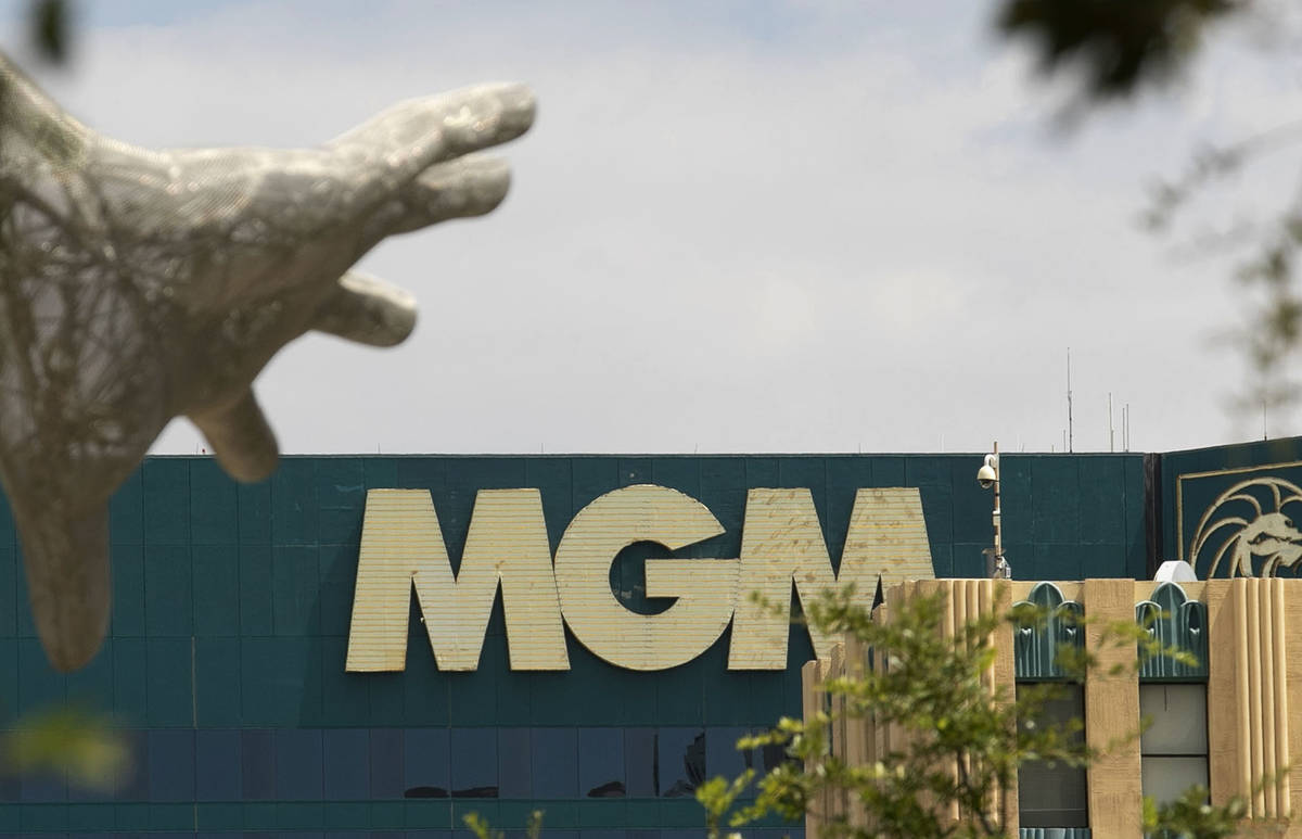 MGM Grand sign and the Bliss Dance statue at The Park photographed on Friday, Aug. 28, 2020, in ...