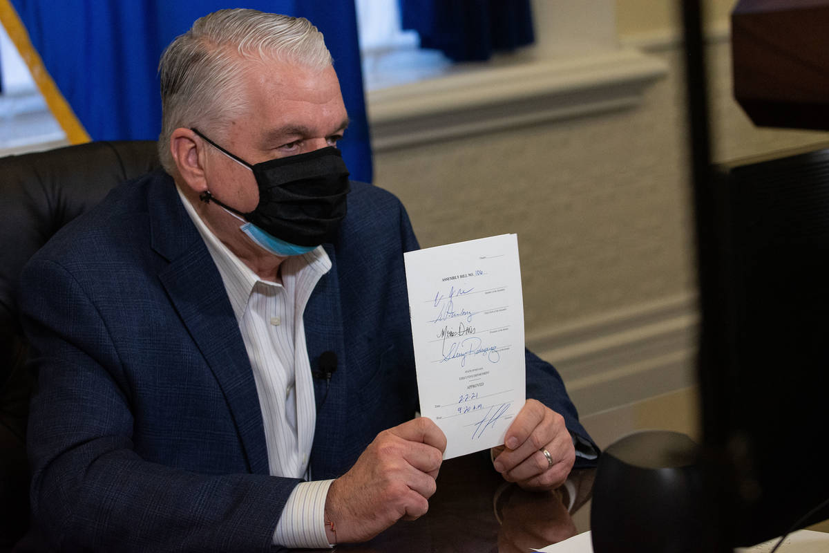 Gov. Steve Sisolak during a virtual signing ceremony for AB 106 inside the Nevada Capitol build ...