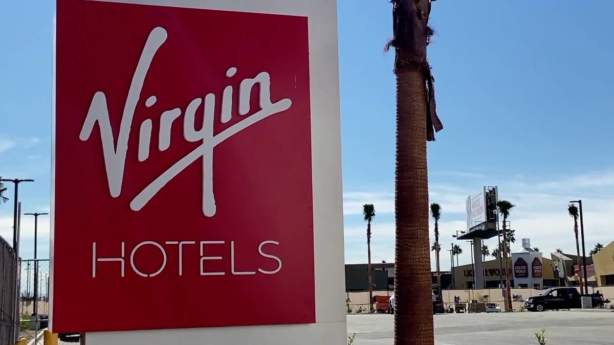 A sign for the Virgin Hotel Las Vegas, expected to open on March 25, 2021, is seen on Thursday, ...