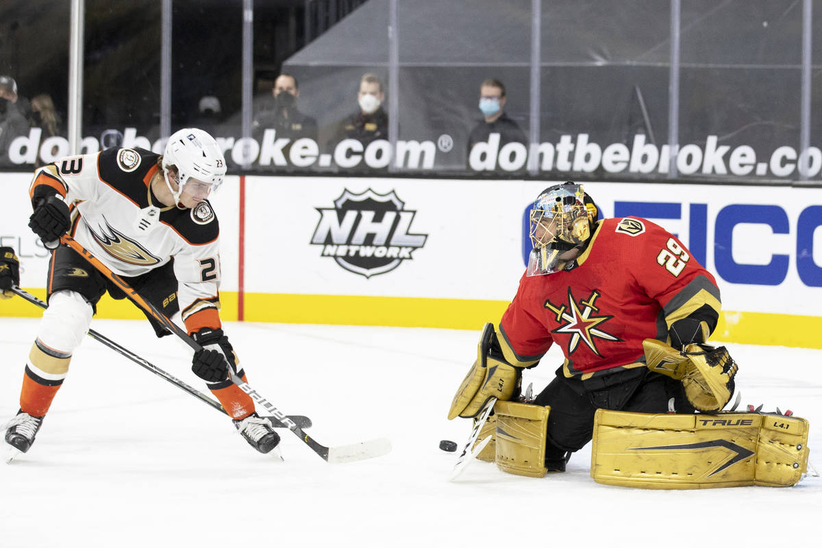 Vegas Golden Knights goaltender Marc-Andre Fleury (29) makes a save against Anaheim Ducks cente ...