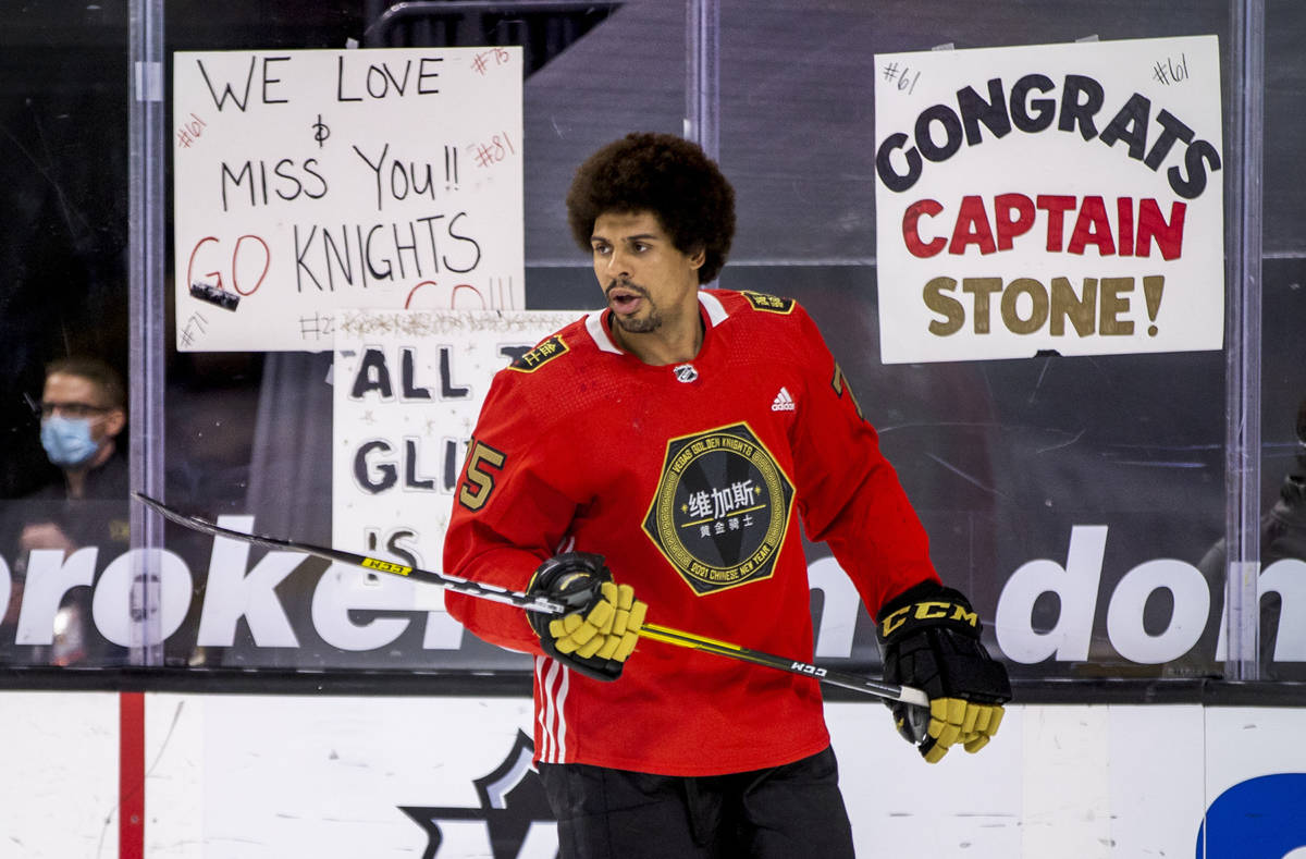 Golden Knights right wing Ryan Reaves (75) keeps a puck in the air during warm ups before the f ...