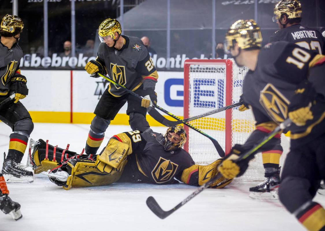 Golden Knights goaltender Marc-Andre Fleury (29) on the ice after defending the net versus the ...