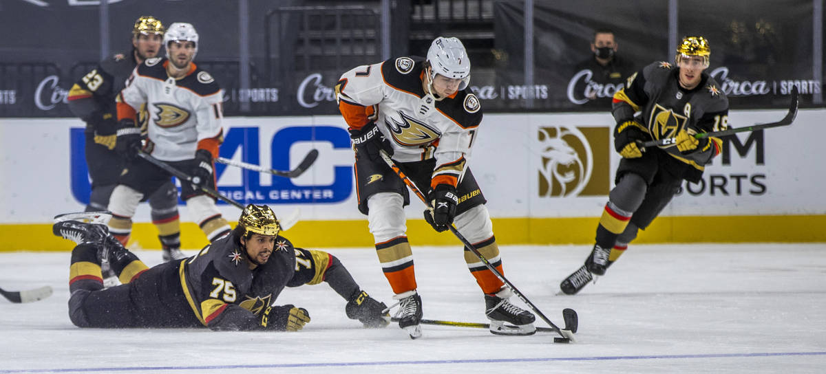 Golden Knights right wing Ryan Reaves (75) looks on from the ice after Anaheim Ducks defenseman ...