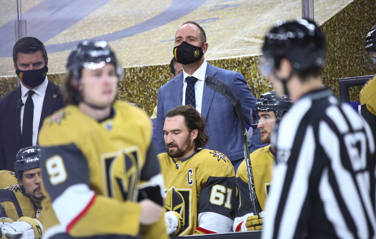 Golden Knights head coach Pete DeBoer looks on during an NHL hockey game against the Anaheim Du ...