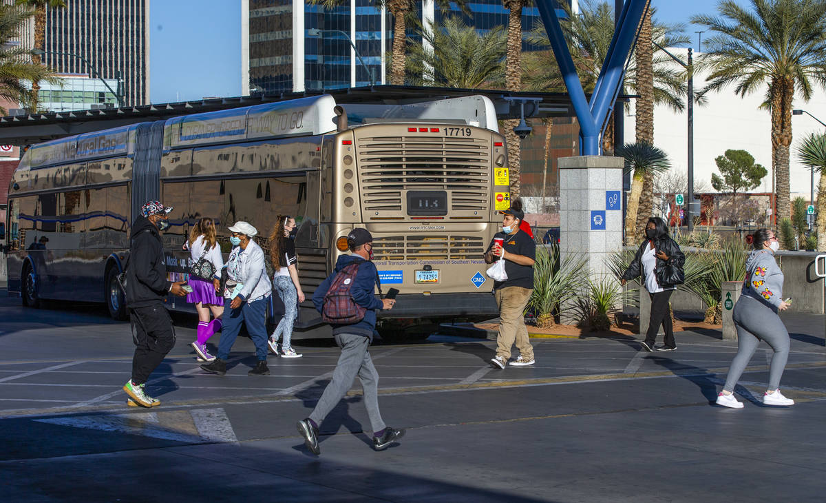 Passengers arrive and depart at the Bonneville Transit Center operated by the Regional Transpor ...