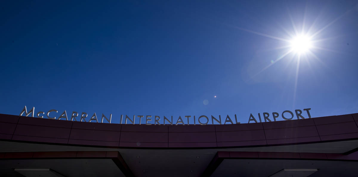 Signage outside the Terminal 1 baggage area at McCarran International Airport which the Clark C ...