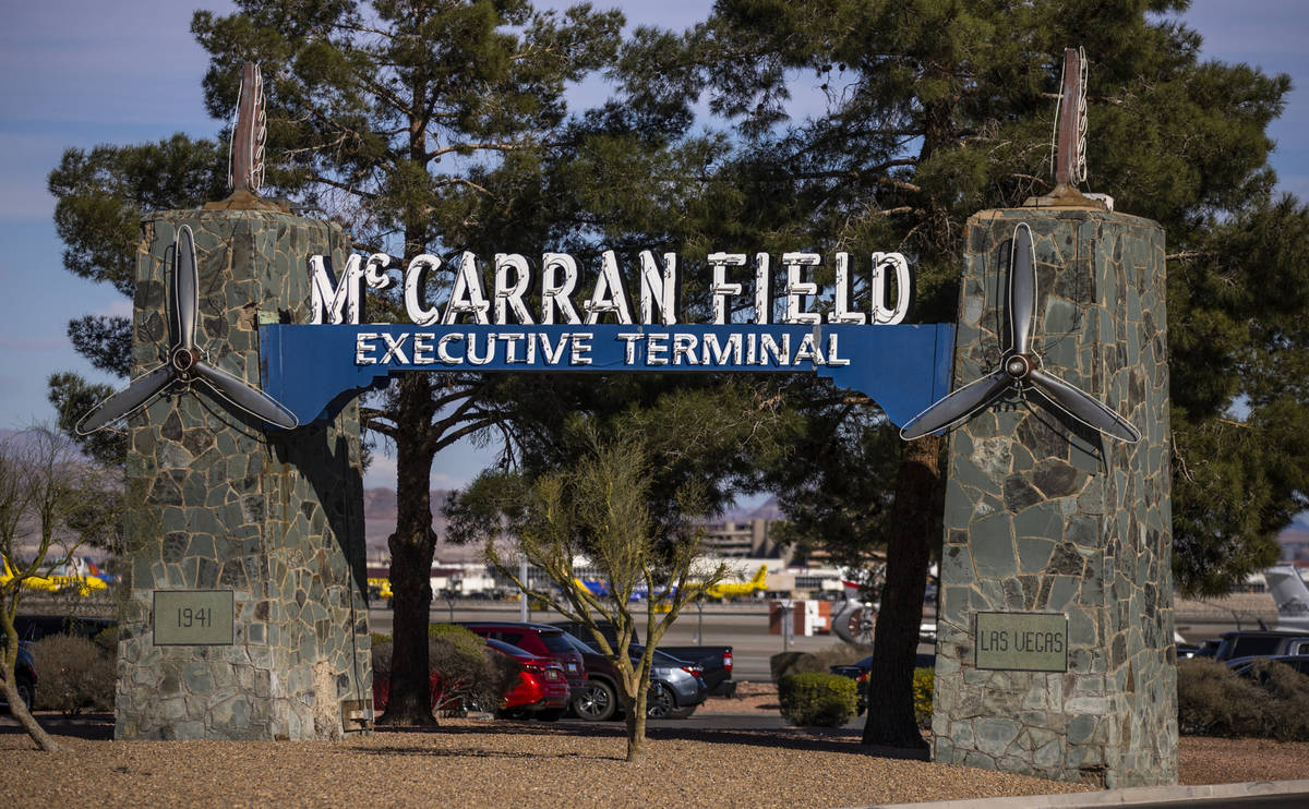 Signage at McCarran Field on Las Vegas Boulevard South near Maverick Helicopters which may also ...