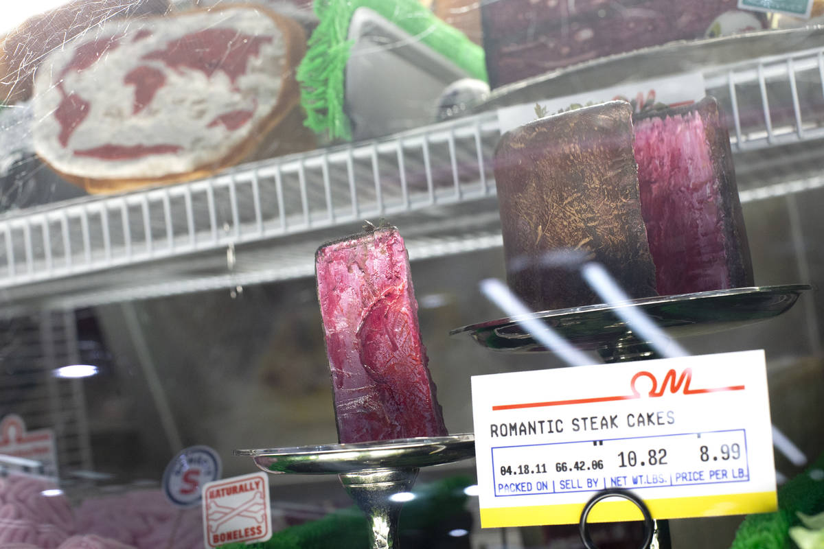 In the meat market at the Omega Mart, "romantic steak cakes" are for sale at Area15 o ...