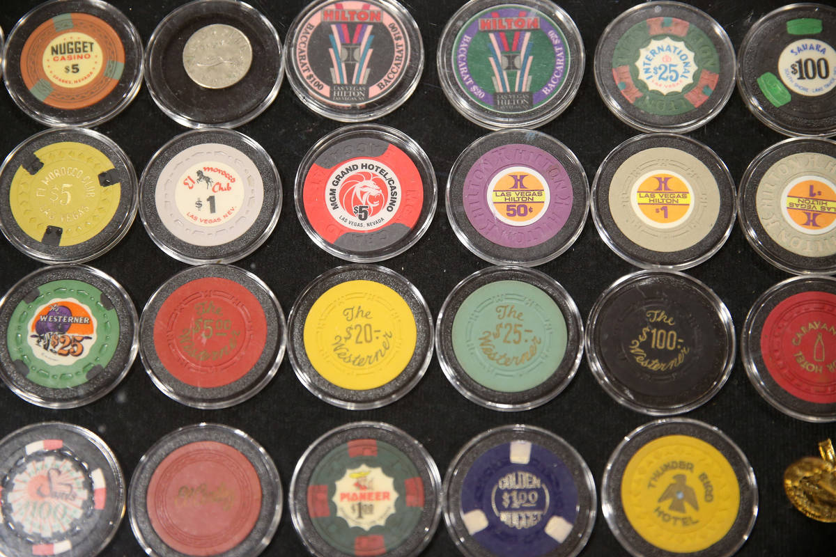 Las Vegas casino chips on display during the Casino Chip and Collectibles Show at the South Poi ...