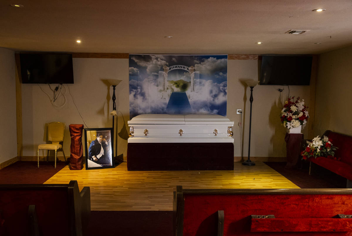 A view of the chapel at Clark County Funeral Services in Las Vegas on Jan. 22, 2021. (Chase Ste ...