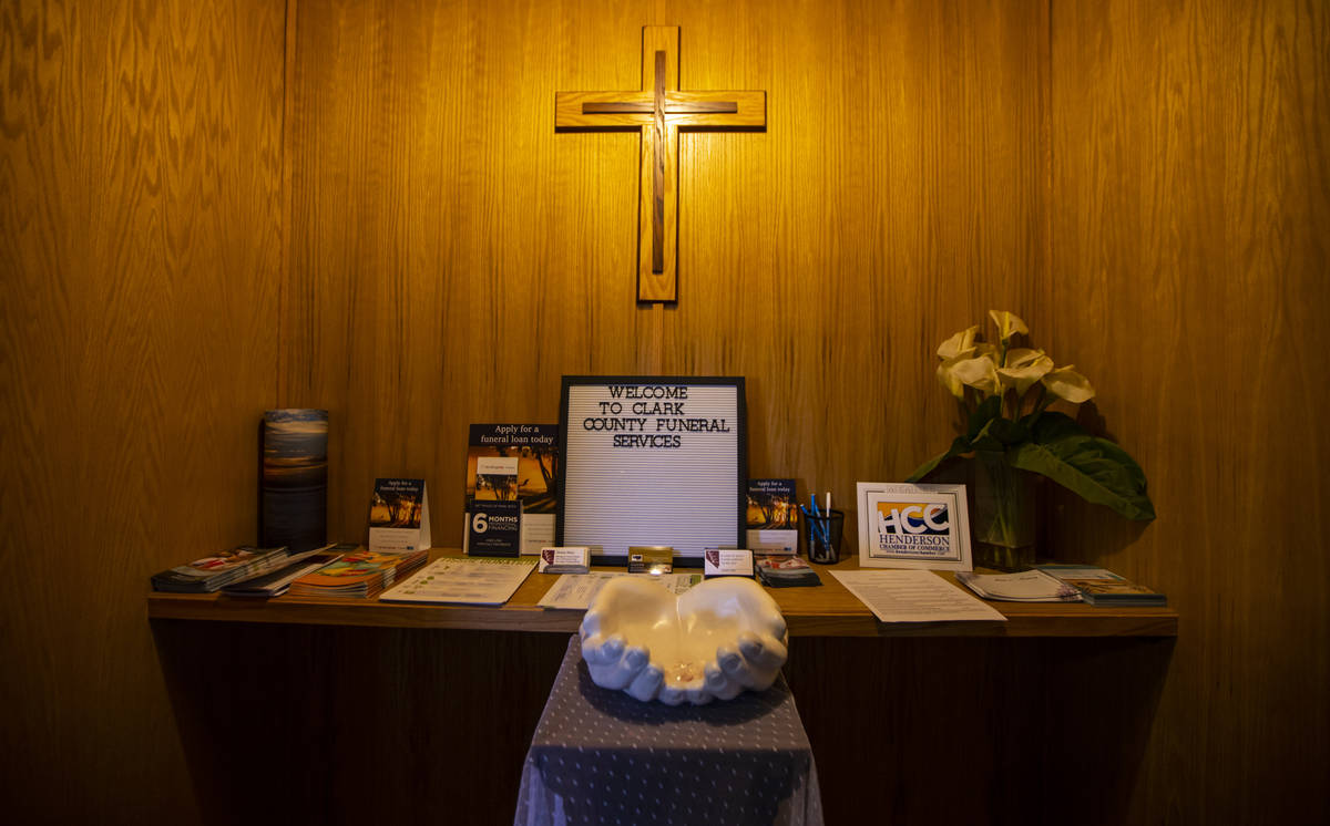 A view near the lobby at Clark County Funeral Services in Las Vegas on Jan. 22, 2021. (Chase St ...