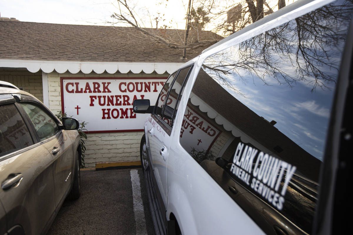 An exterior view of Clark County Funeral Services in Las Vegas on Jan. 22, 2021. (Chase Stevens ...