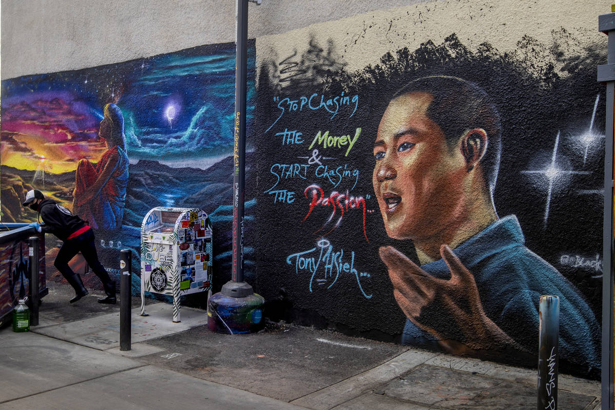 A mural dedicated to Tony Hsieh in the DT Alley near Fremont and Sixth streets in downtown Las ...