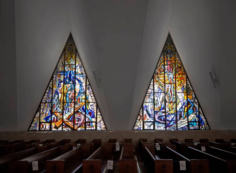 Light pours in through stained glass windows at Guardian Angel Cathedral, designed by renowned ...