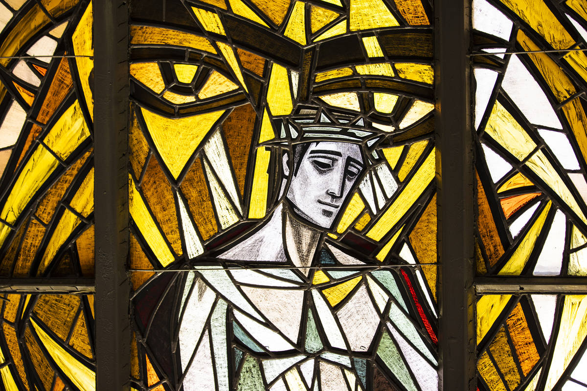 Stained glass windows at Guardian Angel Cathedral, designed by renowned African-American archit ...