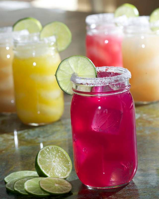 A selection of margaritas, with prickly pear in the foreground, from La Comida. (La Comida)